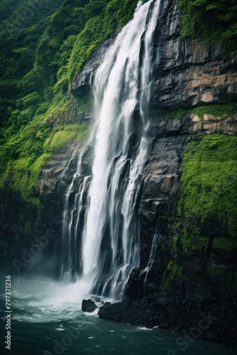 a waterfall with green vegetation