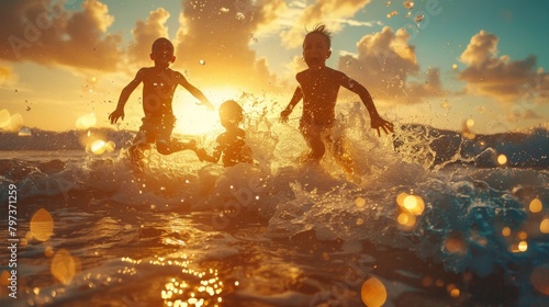 Three children are playing in the ocean, splashing water and having fun photo