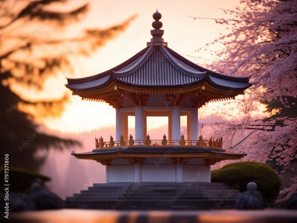 Fototapeta premium a pagoda with a pink sky