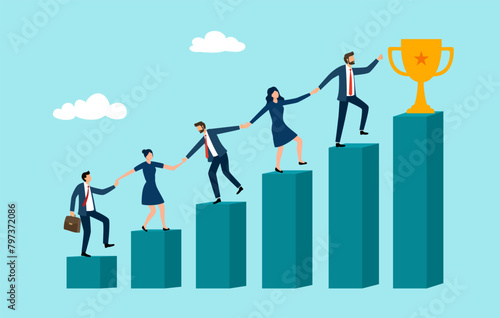 Leader businessman help the team walking up stairway to victory trophy. Leadership teamwork business concept. Path to success.