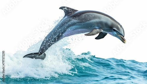 A bottlenose dolphin jumping out of the water against a white background.