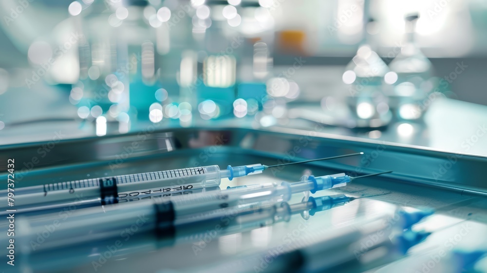 A needle set on a sterile tray, a fundamental tool for medical procedures, close up with copy space A needle set on a sterile tray, a fundamental tool for medical procedures, close up with copy space