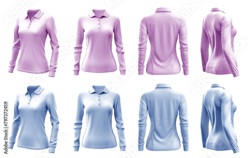 2 Set of woman pastel light blue purple front, back and side view collar long sleeve slim fit polo tee shirt on transparent background cutout, PNG file. Mockup template for artwork graphic design
