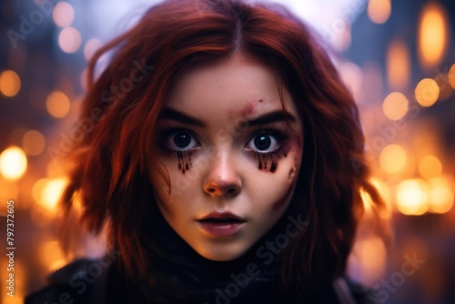 a woman with red hair and black eyes