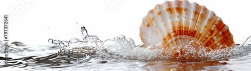 A beautiful orange seashell sits on a white background with water gently splashing over it. photo