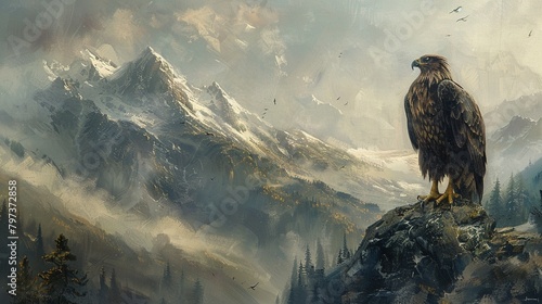 Griffin on high, impressionist mountain mists, majestic form , Stable Diffusion photo