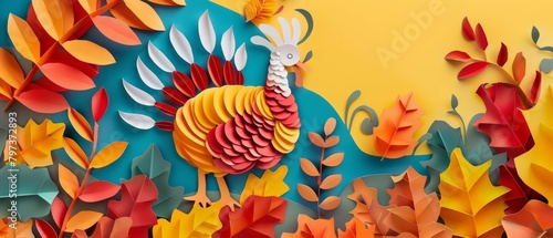 A Thanksgiving Day feast unfolds in vibrant paper cutouts, showcasing a turkey and autumn leaves, paper art style concept