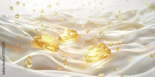 Golden yellow abstract oil bubbles or face serum background. Oil and water bubbles .golden yellow Bubbles oil or collagen serum for cosmetic product  banner poster