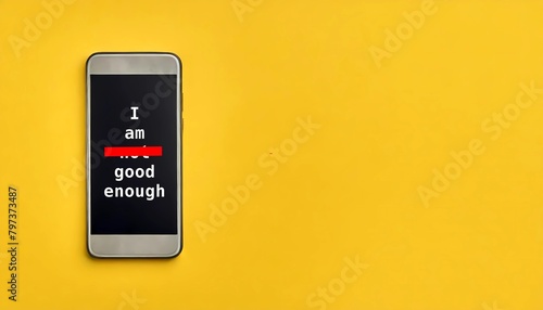 Mobile smartphone on yellow copy space with text written I AM NOT GOOD ENOUGH, crossed off NOT,  positive affirmmation to beat negative self-talk boost self esteem, self-worth and self-acceptance

 photo