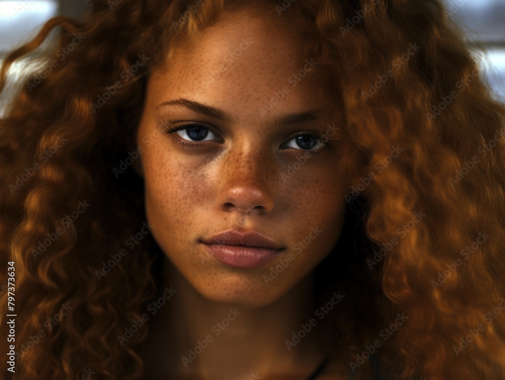 a woman with freckles and curly hair a woman with freckles and curly hair
