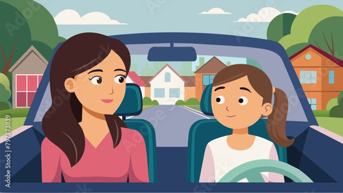 As they drive through a suburban neighborhood a mother shares her personal experiences with dealing with peer pressure and making good decisions with. Vector illustration