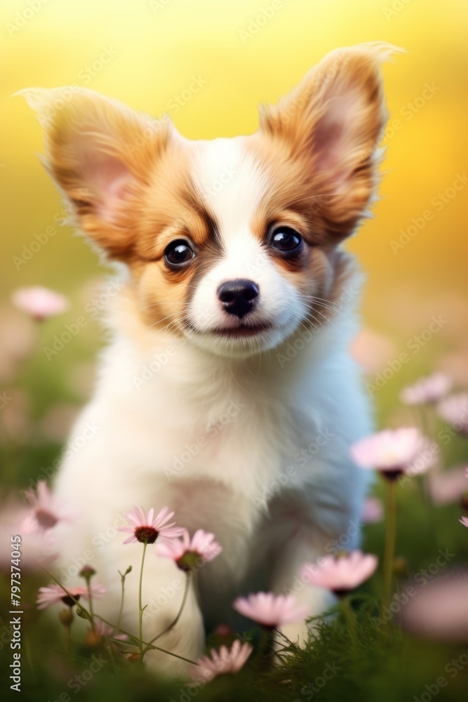 a small dog in a field of flowers