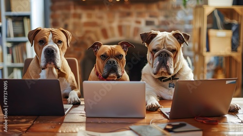 DOGS IN A BUSINESS MEETING.