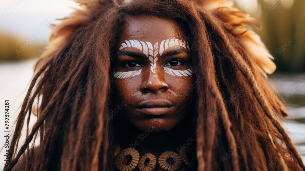 a woman with long hair and white face paint
