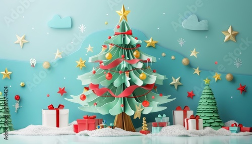 A beautiful winter wonderland with a snow-covered Christmas tree, decorated with red and white ornaments. The background is a light blue color.