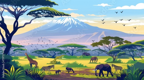 Vector illustration: classic African landscape with wild animals and Kilimanjaro. copy space