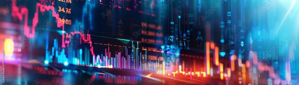 A beautiful data visualization of the stock market. The colors are blue and orange. The data is represented by lines and bars. A beautiful data visualization of the stock market. The colors are blue and orange. The data is represented by lines and bars.