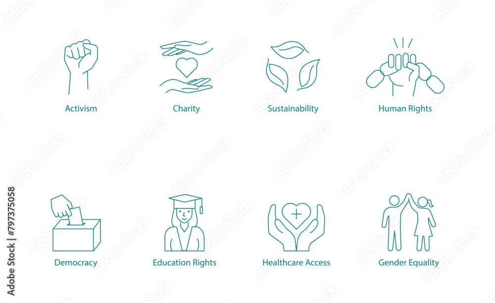 Vector Icons: Advocating for Activism, Charity, Sustainability, Human Rights, Democracy, Education Rights, Healthcare Access, and Gender Equality