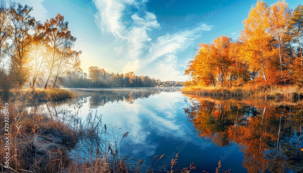 A beautiful landscape image of a lake and trees in the fall season. The water is calm and still, and the trees are a vibrant orange and yellow color.
