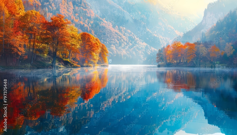 An autumn forest with a river running through it