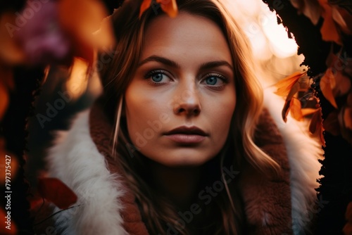 a woman with blue eyes and a fur coat