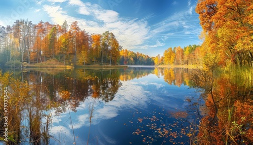 A beautiful autumn landscape with a lake  trees  and a blue sky.