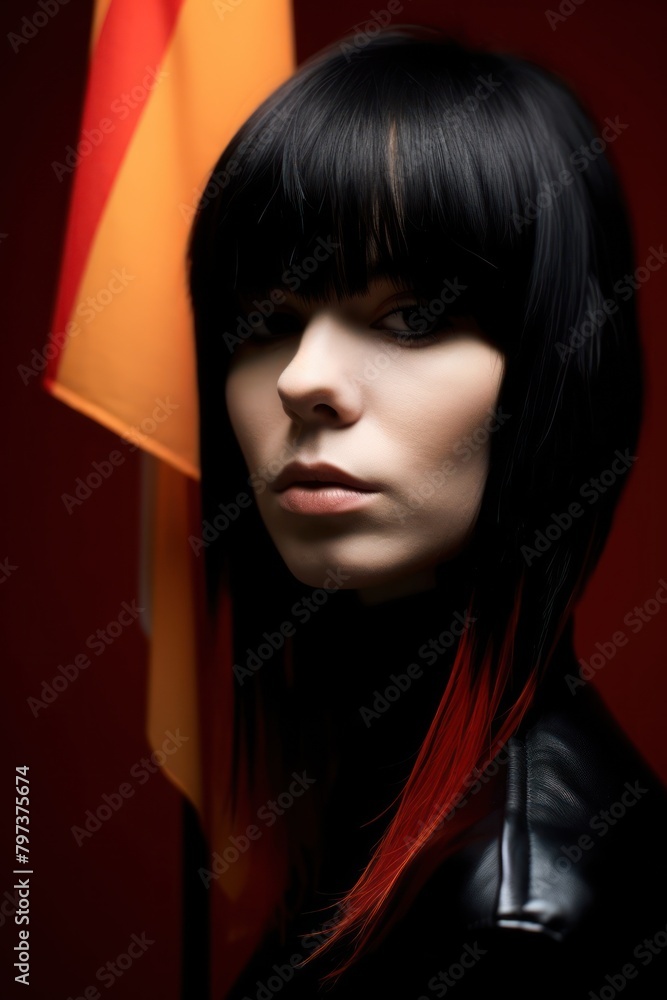 a woman with black hair and red and yellow flag