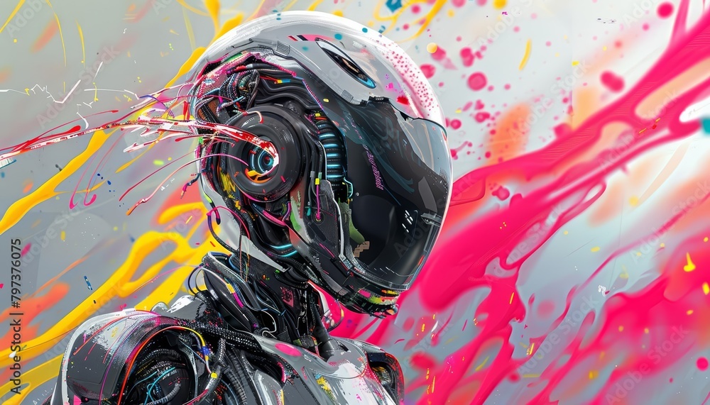 A painting of a robot made of metal and wires with paint splattered all over it A painting of a robot made of metal and wires with paint splattered all over it