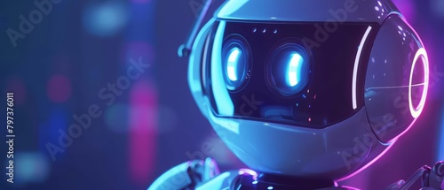 A close up of a robot's head and shoulders. The robot is white and has blue glowing eyes. It is looking at the camera. There is a colorful blurred background.