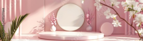 3d rendering, pink podium with pink flowers and leaves, pink background, soft shadows, warm lighting, photorealistic, high quality, 8k resolution photo