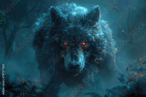 A cinematic movie still of an enormous black wolf with red glowing eyes in the woods. Created with Ai
