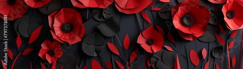 3d render, black and red origami flowers, paper flowers, dark background
