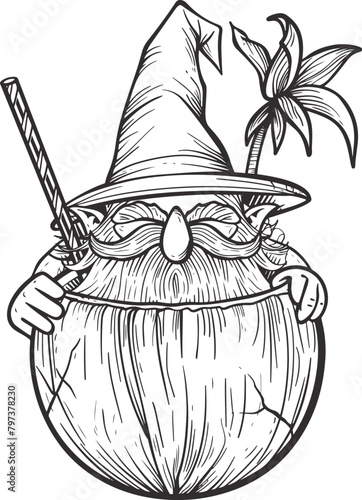 Gnome hiding inside a coconut summer drink