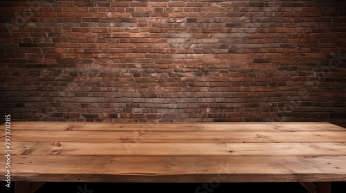 a wooden table in front of a brick wall photo