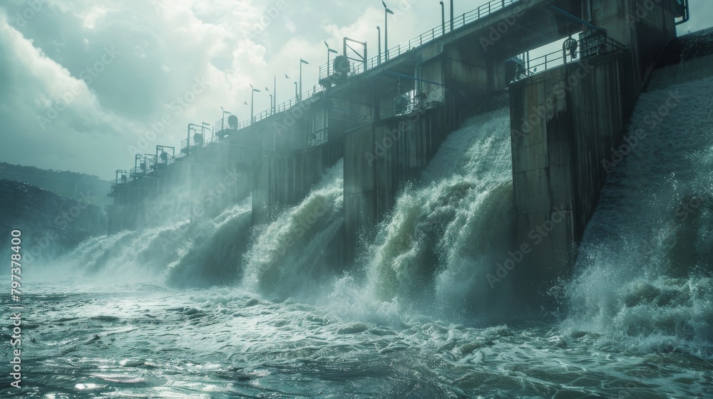 A large dam with water flowing out of it A large dam with water flowing out of it