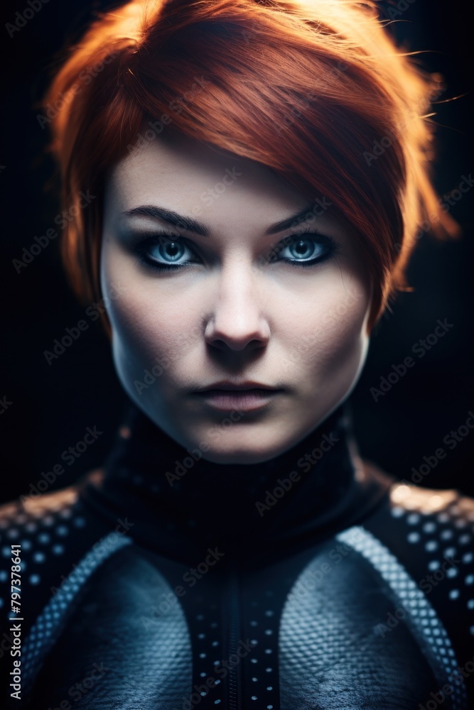 a woman with red hair and blue eyes