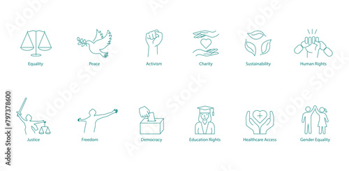 Vector Icons  Advocating for Equality  Peace  Activism  Charity  Sustainability  Human Rights  Justice  Freedom  Democracy  Educational Rights  Healthcare Access  and Gender Equality