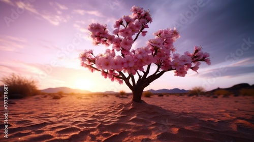 a tree with pink flowers growing out of sand