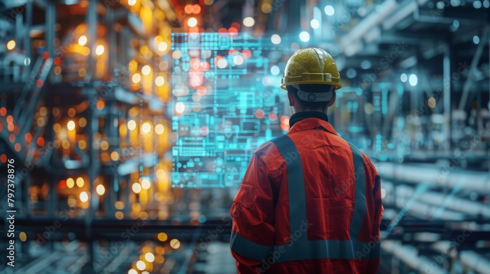 A man in a yellow helmet stands in front of a computer screen with a blue A man in a yellow helmet stands in front of a computer screen with a blue