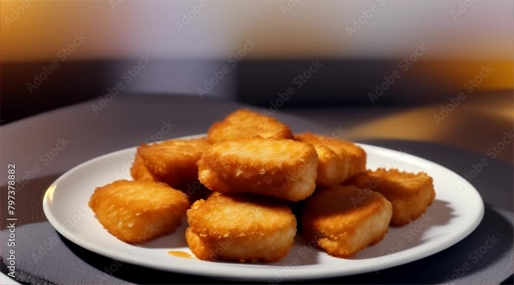 Fried chicken nuggets and fried dough with ketchup on a plate - a delicious and satisfying meal. Fried chicken nuggets and fried dough with ketchup on a plate - a delicious and satisfying meal.