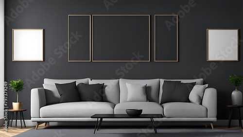  Living room with Frames for art on a black wall. Gallery in dark colors with a gray sofa or couch. Rich exhibition mockup layout triptych. 3d render 