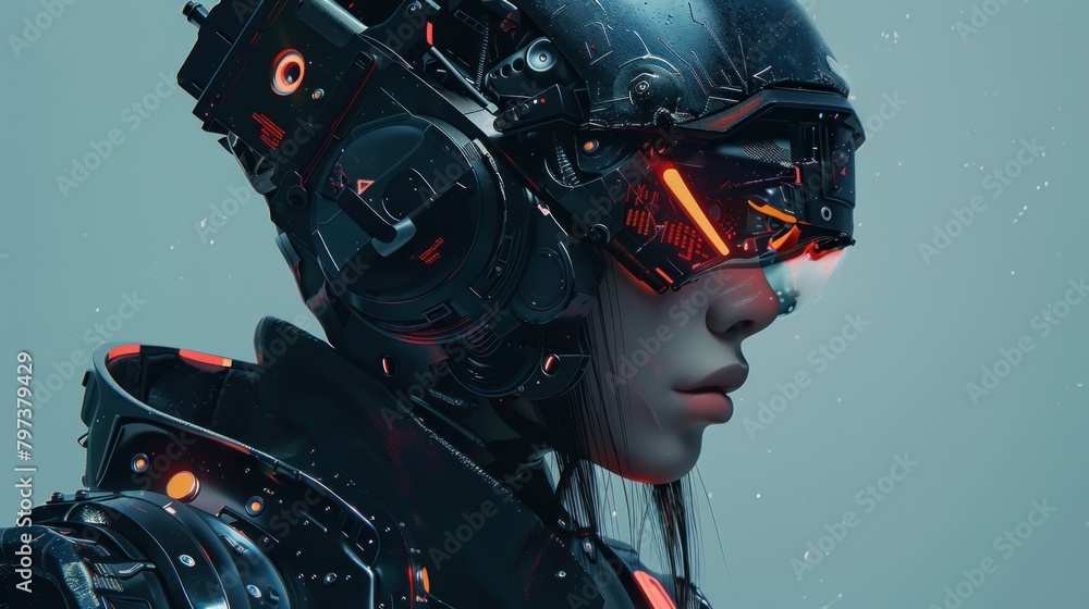 Fototapeta premium Woman cyborg robot with helmet technology modern future cyberpunk Background wallpaper AI generated image