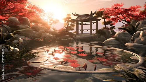 fish in Japanese garden with japan style house landscaping design background
 photo