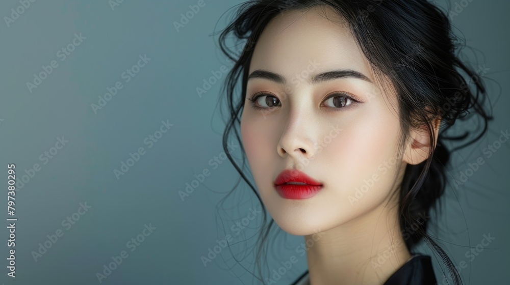 A woman with red lipstick and dark hair A woman with red lipstick and dark hair