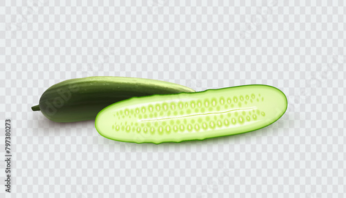 Cucumbers set. Whole fresh cucumber, half, chopped, slices and cucumbers group. Set of cucumber plant parts, leaf, flower. Organic vegetables. Healthy, diet, vegetarian food.