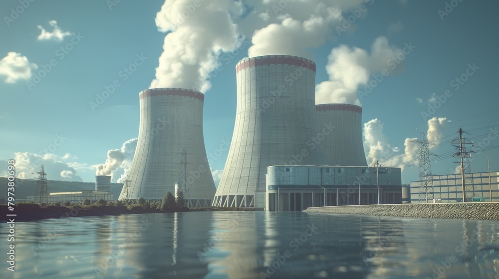 A large power plant with three tall smokestacks is visible in the distance A large power plant with three tall smokestacks is visible in the distance