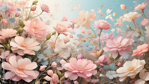 A whimsical garden bursting with delicate, pastel-hued flowers, their petals dancing in the gentle breeze.