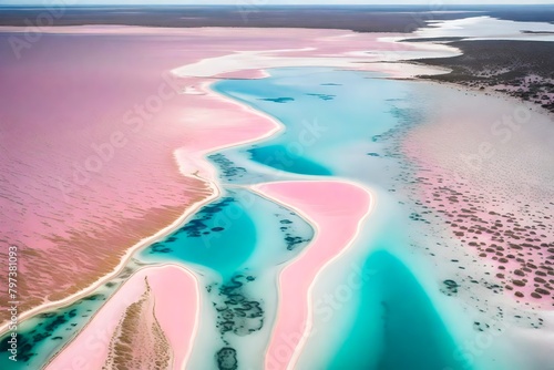 Aerial drone view of the pink and blue coloured Lake MacDonnell in Eyre Peninsula, photo
