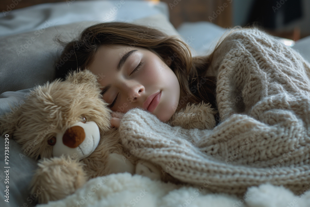 A girl is sleeping with a teddy bear. A girl is sleeping with a teddy bear.