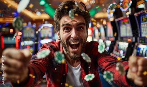 Guy wins the casino jackpot or lottery with money all around the man and gambling machines background  Generative AI